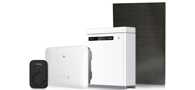 A solar panel, battery storage, inverter and EV charger lined up