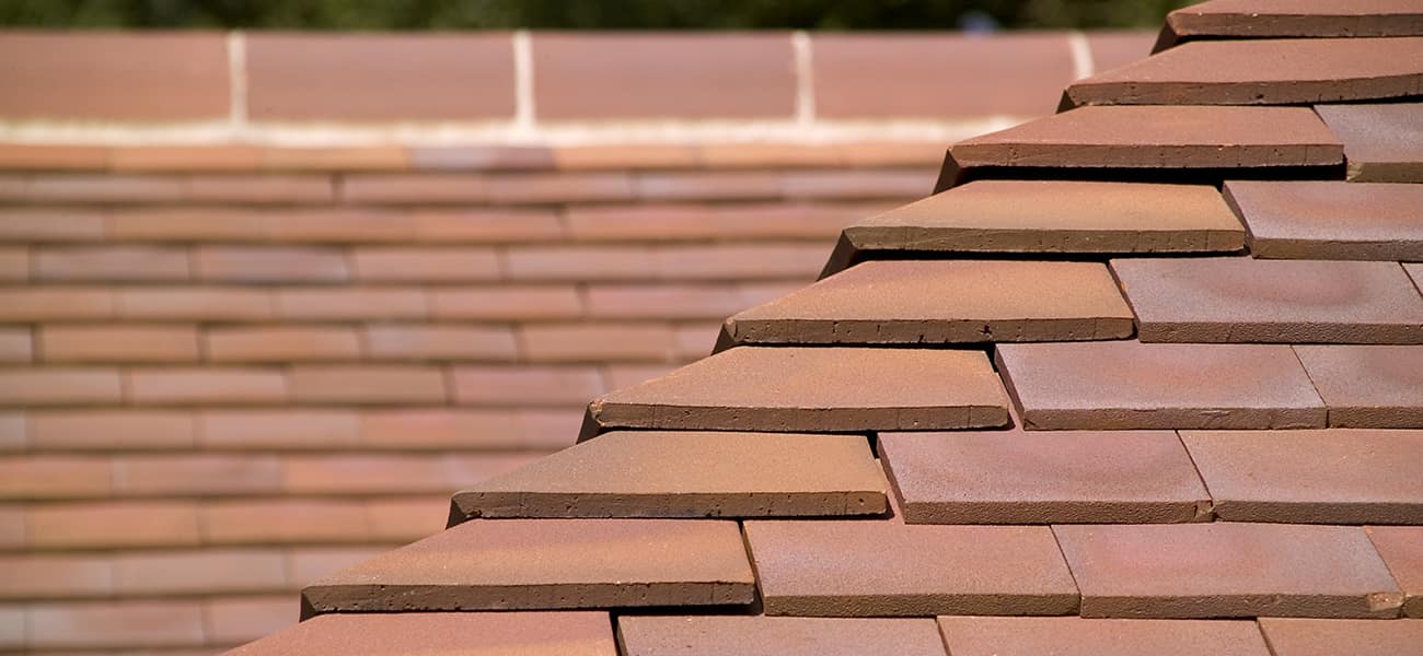 Roof detail showing a close up ridge and hip