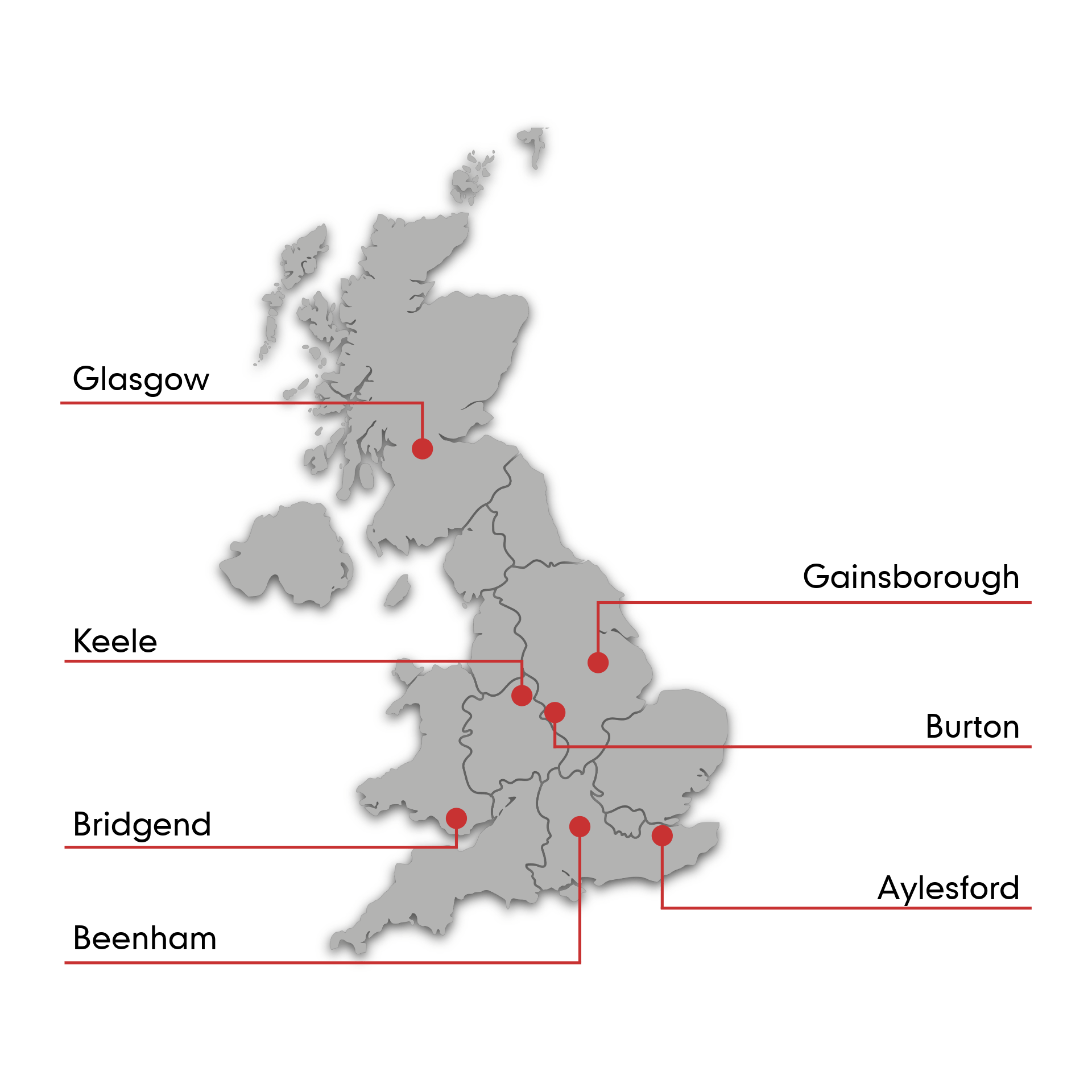 The image displays a map of the UK which showcases the locations of Marley's sites.