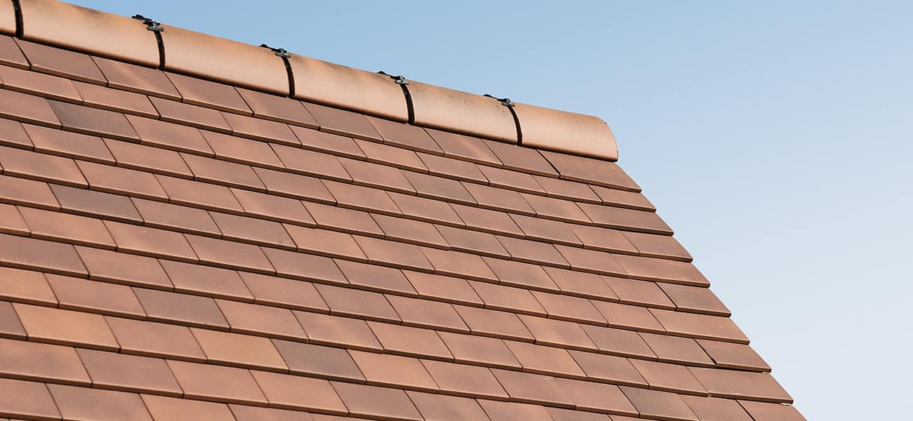 Close up view showing Marley Clay Plain Tile and Ridge