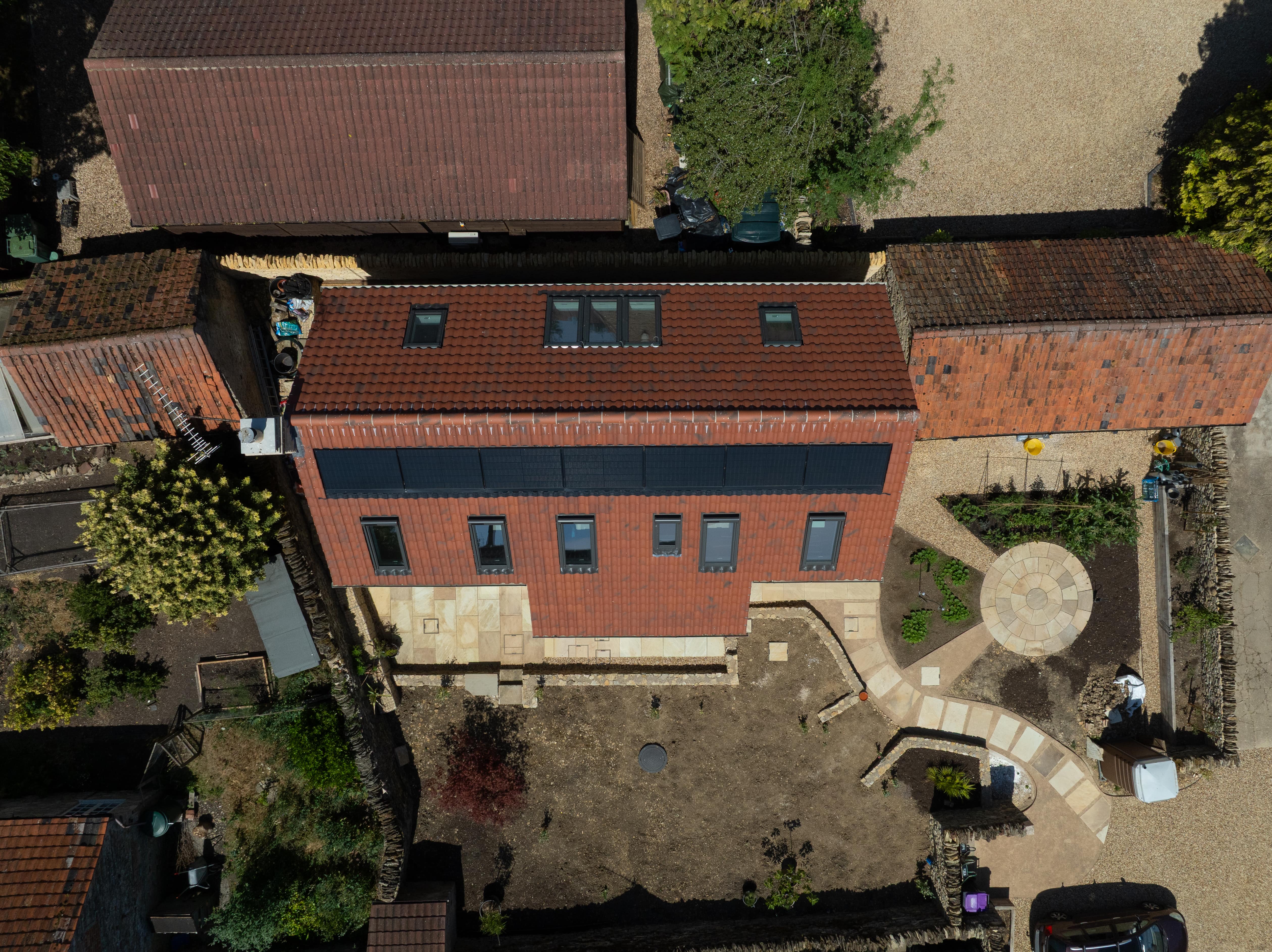 Bird eye view of marley clay and solar installed on roof