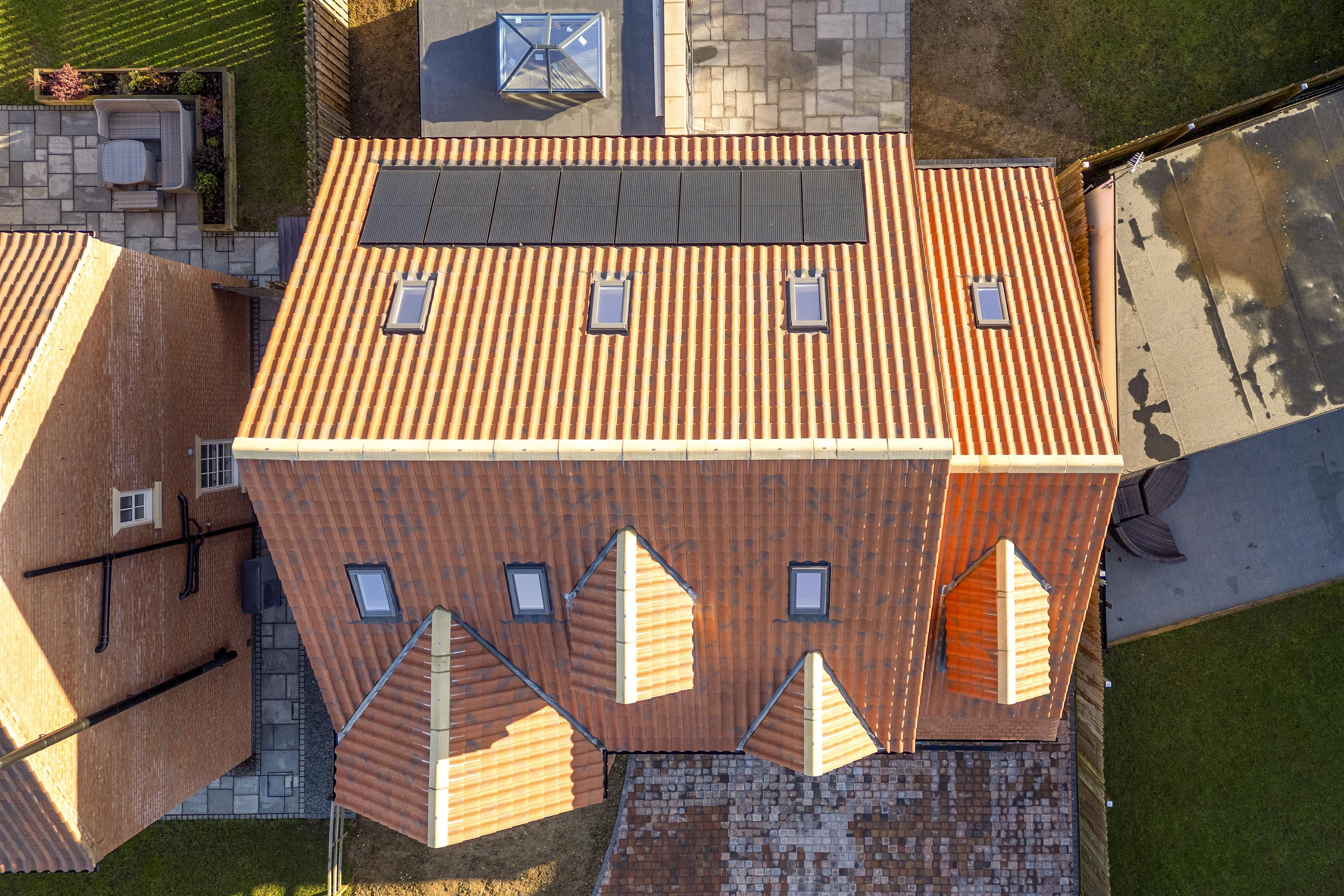 Marley Lincoln clay tiles and solar panels installed on a home