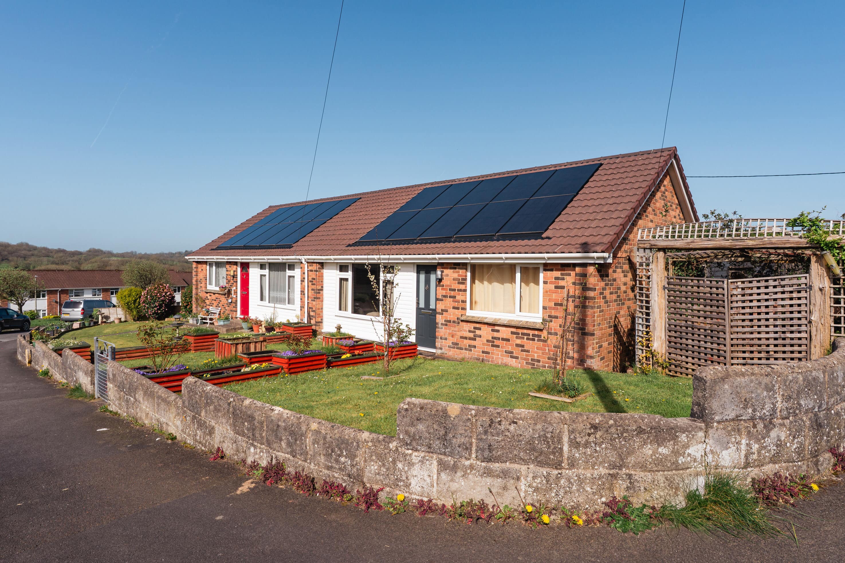 Close up of Marley solar panels and concrete tiles installed on a roof
