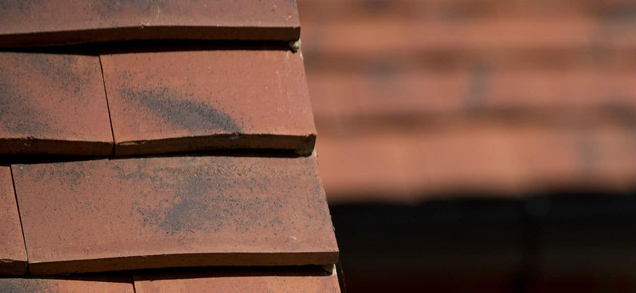 A close up image of Ashdowne, handcrafted, clay plain tiles in situ on a roof.